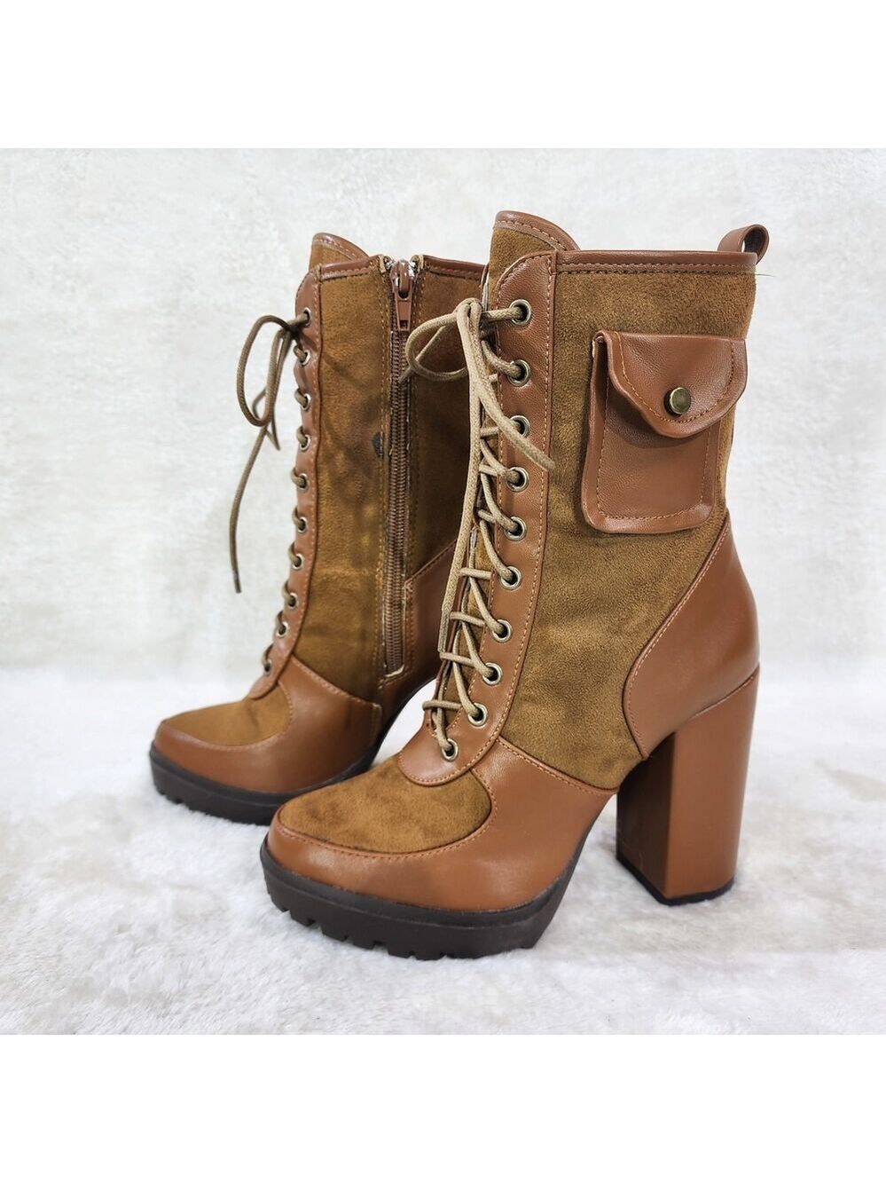 NIB Park Ave Brown / Tan Faux Suede Chunky Platform High Heel Ankle Boots - Picture 1 of 12